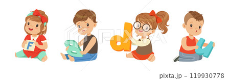Preschool Boy and Girl Sitting on the Floor with Alphabet Letter Vector Set 119930778