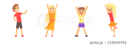 Happy Boy and Girl Kid Cheering and Rejoice Vector Set Happy Boy and Girl Kid Cheering and Rejoice Vector Set 119930782