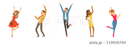 Happy Young Man and Woman Cheering and Rejoice Vector Set 119930784