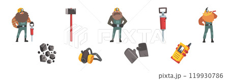 Mining Industry with Man Worker and Tool and Extracting Equipment Vector Set 119930786