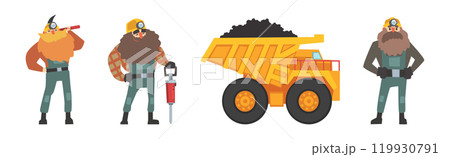 Mining Industry with Man Bearded Worker and Truck Vector Set 119930791