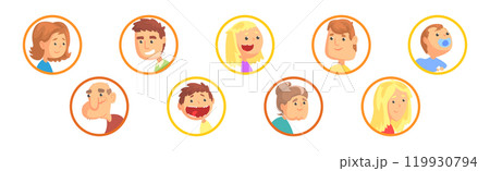 People Head and Face Avatar in Round Frame Vector Set 119930794