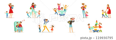 Exhausted Dad and Mom with Hyperactive Child Claiming Attention Vector Set 119930795