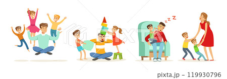 Exhausted Dad and Mom with Hyperactive Child Claiming Attention Vector Set Exhausted Dad and Mom with Hyperactive Child Claiming Attention Vector Set 119930796
