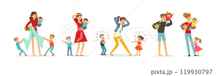 Exhausted Dad and Mom with Hyperactive Child Claiming Attention Vector Set Exhausted Dad and Mom with Hyperactive Child Claiming Attention Vector Set 119930797