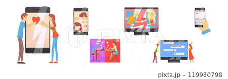 Man and Woman Meet in Dating App Send Message Vector Set 119930798