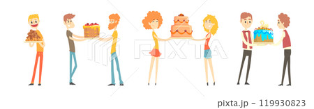 Happy People Character Holding Birthday Cake Vector Set 119930823