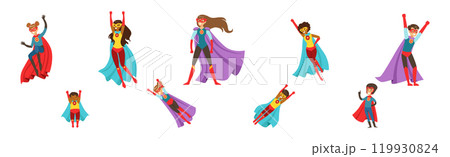 Woman with Kid Superhero Character in Costume and Cloak Vector Set 119930824