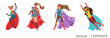 Woman Superhero Character in Costume and Cloak Vector Set Woman Superhero Character in Costume and Cloak Vector Set 119930828