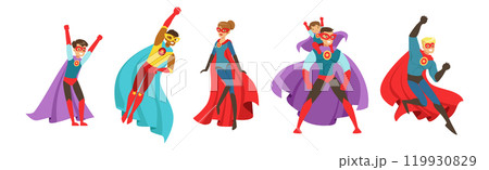 Man and Woman with Kid Superhero Character in Costume and Cloak Vector Set Man and Woman with Kid Superhero Character in Costume and Cloak Vector Set 119930829