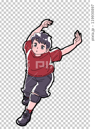 Illustration of a boy taking a run-up to spike 119930897