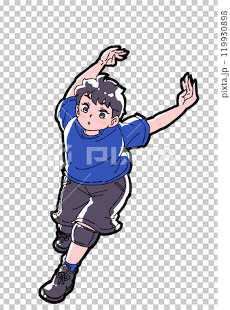 Illustration of a boy taking a run-up to spike 119930898