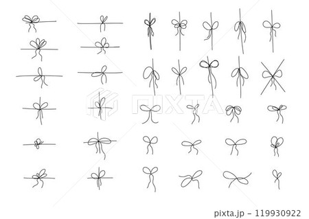 Simple bows on ribbon thin line, Bowknot for package. Set gift ribbon, doodle stroke minimal decoration. Present, package rope, wedding elements Simple bows on ribbon thin line, Bowknot for package. Set gift ribbon, doodle stroke minimal decoration. Present, package rope, wedding elements 119930922