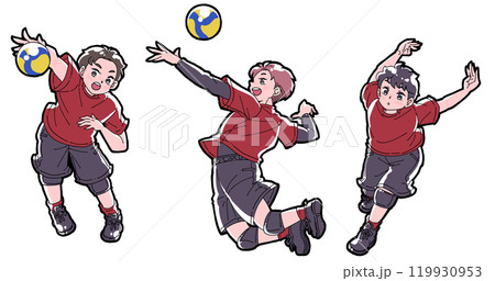 スパイクを打つ男の子のイラストセット スパイクを打つ男の子のイラストセット 119930953