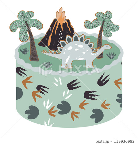 Cute bento cake with dinosaur, volcano, dino foot imprints, and prehistoric plants. Jurassic Happy Birthday design element for babies and kids. Isolated vector illustration Cute bento cake with dinosaur, volcano, dino foot imprints, and prehistoric plants. Jurassic Happy Birthday design element for babies and kids. Isolated vector illustration 119930982