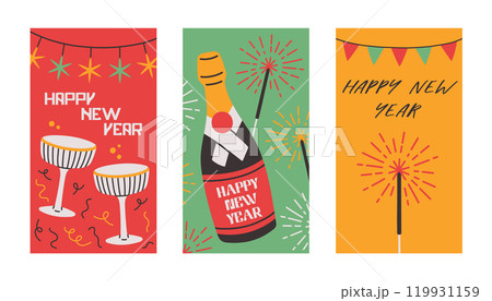 Happy New Year posters set simple flat vector illustration. Minimal party flyer, brochure voucher template. Happy New Year posters set simple flat vector illustration. Minimal party flyer, brochure voucher template. 119931159