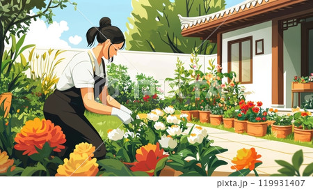 A woman tends to a vibrant garden with blooming flowers and potted plants near a traditional house 119931407