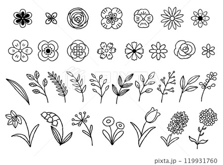 春の葉と花　イラストセット　手描き白黒線画 119931760