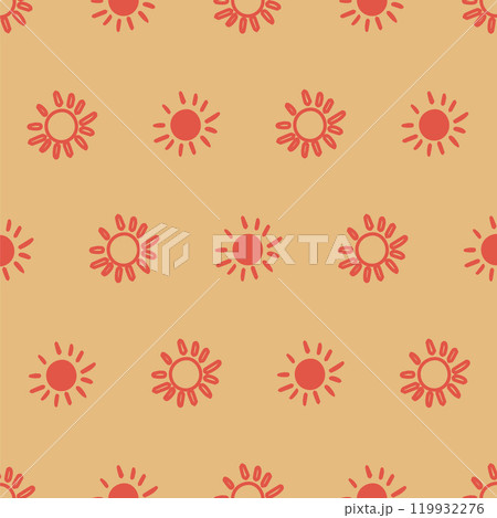 Seamless pattern featuring red sun sunburst motifs on a pastel orange background. Perfect for textiles, wallpapers, packaging, digital art, invitations, stationery, home decor, gift wrap, crafts 119932276
