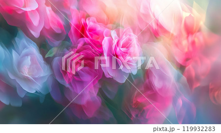 Soft pink and blue abstract floral background with blurred roses, creating dreamy atmosphere. 119932283