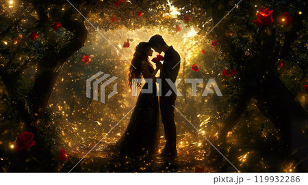 romantic couple embraces in magical forest filled with roses and golden light 119932286