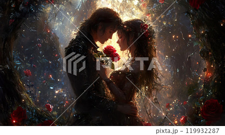 romantic scene featuring couple surrounded by roses in mystical forest, conveying deep emotions and connection. 119932287