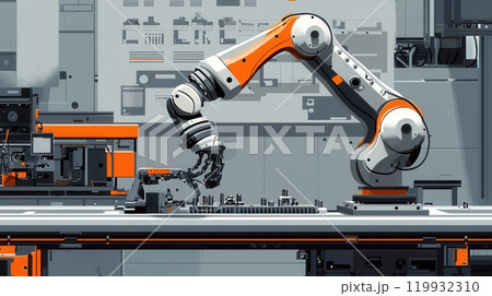 A robotic arm with an orange and white design operates on a factory floor, advanced automation in a high-tech industrial 119932310