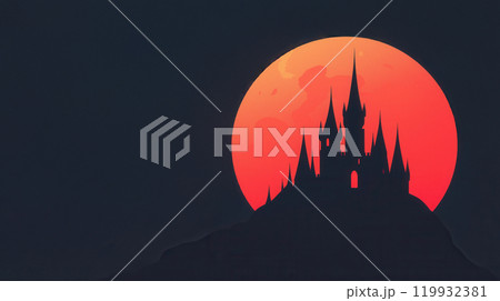 A dark silhouette of a castle against a large, glowing red moon 119932381