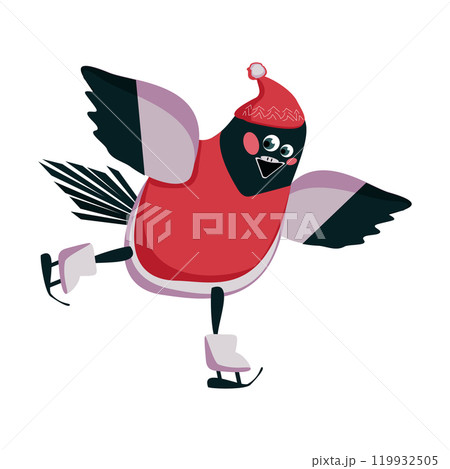 Funny bullfinch in a hat on skates 119932505