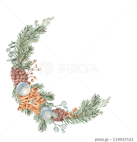 Christmas Wreath with Winter plants and Wicker star Toy, Blue glass Baubles. Hand drawn Botanical Illustration of Fir Branches, Eucalyptus and Pine Cones isolated on white background. For Christmas or 119932522