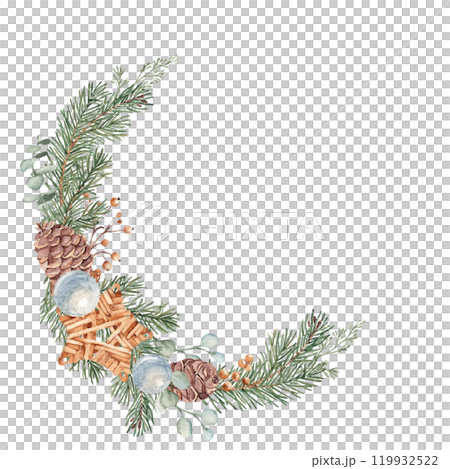 Christmas Wreath with Winter plants and Wicker star Toy, Blue glass Baubles. Hand drawn Botanical Illustration of Fir Branches, Eucalyptus and Pine Cones isolated on white background. For Christmas or 119932522