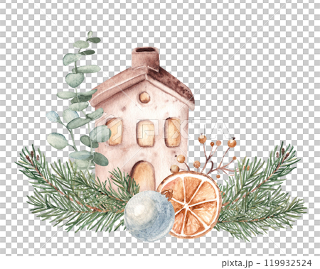 Christmas Watercolor Composition. Ceramic house with Glass ball, Fir Branches and eucalyptus. Orange slice and Winter berries. Cozy home decoration in Rustic style. Hand drawn illustration isolated on Christmas Watercolor Composition. Ceramic house with Glass ball, Fir Branches and eucalyptus. Orange slice and Winter berries. Cozy home decoration in Rustic style. Hand drawn illustration isolated on 119932524