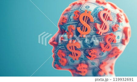 A creative representation of a head filled with dollar bills and symbols, illustrating the concept of finance and wealth. A creative representation of a head filled with dollar bills and symbols, illustrating the concept of finance and wealth. 119932691
