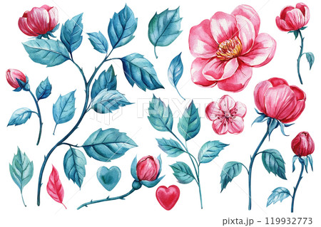 Shabby chic pastel flowers, Floral botanical watercolor branch, leaves, hand-painted foliage, rose isolated background Shabby chic pastel flowers, Floral botanical watercolor branch, leaves, hand-painted foliage, rose isolated background 119932773