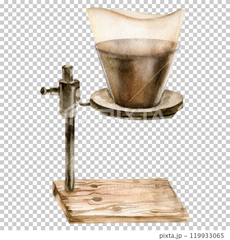 Filtered coffee maker on wooden stand watercolor illustration. Vintage pot for morning caffeine drink, kitchen utensils clipart for cafes poster, wallpaper decor, product packing design Filtered coffee maker on wooden stand watercolor illustration. Vintage pot for morning caffeine drink, kitchen utensils clipart for cafes poster, wallpaper decor, product packing design 119933065