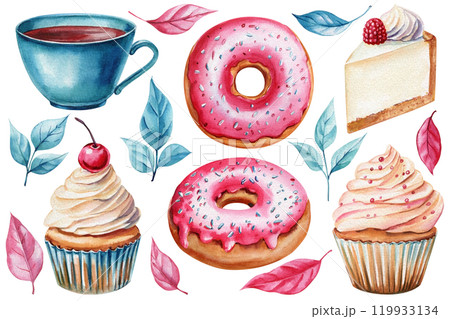 Coffee and sweets watercolor set, donuts, cupcake with cherry, cheesecake, leaf decor, hand-painted dessert illustration 119933134