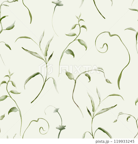 Herbal Watercolor seamless pattern. Backdrop herb are hand drawn on a white background. Simple ornament texture of twigs and green plant. Design of wrapping paper and textiles Herbal Watercolor seamless pattern. Backdrop herb are hand drawn on a white background. Simple ornament texture of twigs and green plant. Design of wrapping paper and textiles 119933245