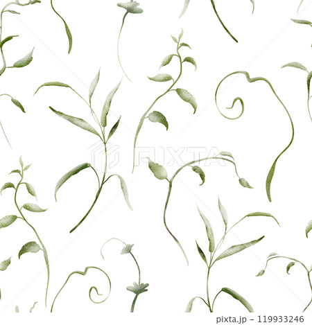 Herbal Watercolor seamless pattern. Backdrop herb are hand drawn on a white background. Simple ornament texture of twigs and green plant. Design of wrapping paper and textiles Herbal Watercolor seamless pattern. Backdrop herb are hand drawn on a white background. Simple ornament texture of twigs and green plant. Design of wrapping paper and textiles 119933246