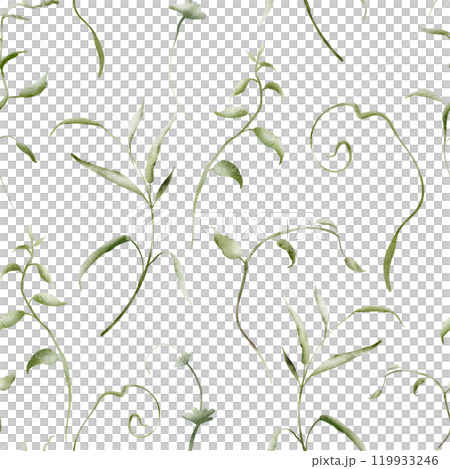 Herbal Watercolor seamless pattern. Backdrop herb are hand drawn on a white background. Simple ornament texture of twigs and green plant. Design of wrapping paper and textiles Herbal Watercolor seamless pattern. Backdrop herb are hand drawn on a white background. Simple ornament texture of twigs and green plant. Design of wrapping paper and textiles 119933246