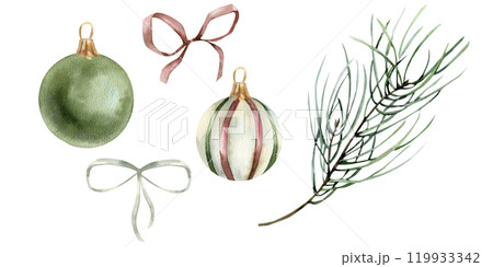 Christmas vintage decorative balls with colorful bows and pine branch watercolor set. New year festive collection. Hand drawn decorations for Christmas tree,invitation, gift design Christmas vintage decorative balls with colorful bows and pine branch watercolor set. New year festive collection. Hand drawn decorations for Christmas tree,invitation, gift design 119933342