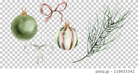 Christmas vintage decorative balls with colorful bows and pine branch watercolor set. New year festive collection. Hand drawn decorations for Christmas tree,invitation, gift design Christmas vintage decorative balls with colorful bows and pine branch watercolor set. New year festive collection. Hand drawn decorations for Christmas tree,invitation, gift design 119933342