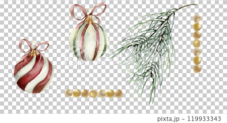 Christmas tree decoration elements with vintage striped balls , pine branch and golden beads set.Winter season and new year festive isolated elements for greeting card, invitation, packing design 119933343