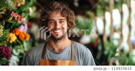 Cheerful young male florist with curly hair, wearing gray shirt and brown apron, is smiling warmly while standing in vibrant flower shop filled with various colorful flowers and plants 119933618