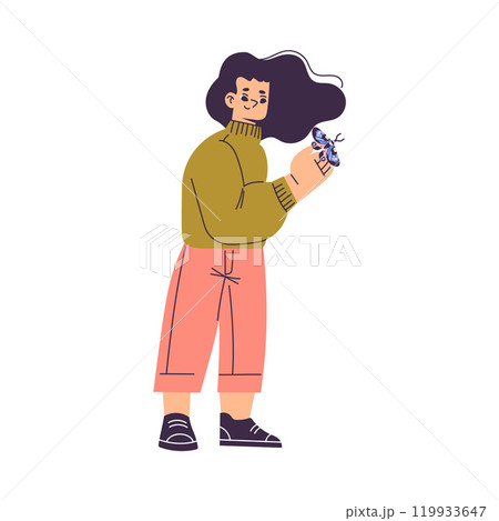 Girl Studying Butterfly Insect Exploring Nature Vector Illustration 119933647