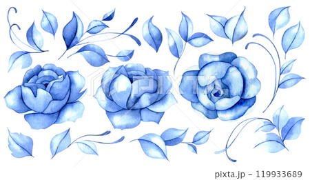 set of watercolor blue flowers and leaves. blue roses, vintage 119933689