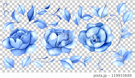 set of watercolor blue flowers and leaves. blue roses, vintage 119933689
