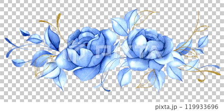 composition of watercolor blue flowers with gold leaves. blue roses, vintage bouquet 119933696