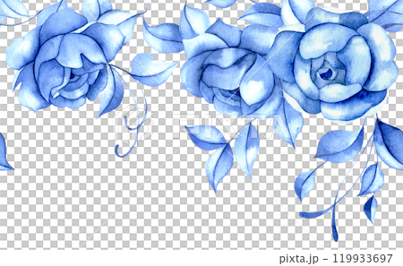 watercolor seamless border with blue flowers. blue roses, vintage frame 119933697