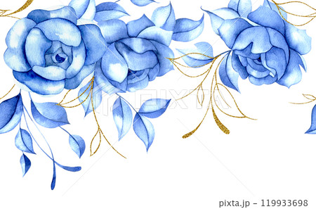 seamless border of watercolor blue rose flowers with gold leaves. blue roses, vintage frame 119933698