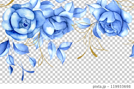 seamless border of watercolor blue rose flowers with gold leaves. blue roses, vintage frame seamless border of watercolor blue rose flowers with gold leaves. blue roses, vintage frame 119933698